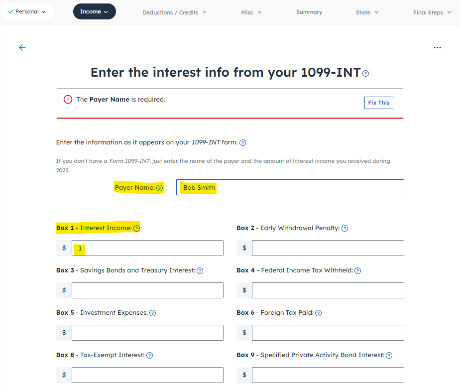 Enter the Interest Info